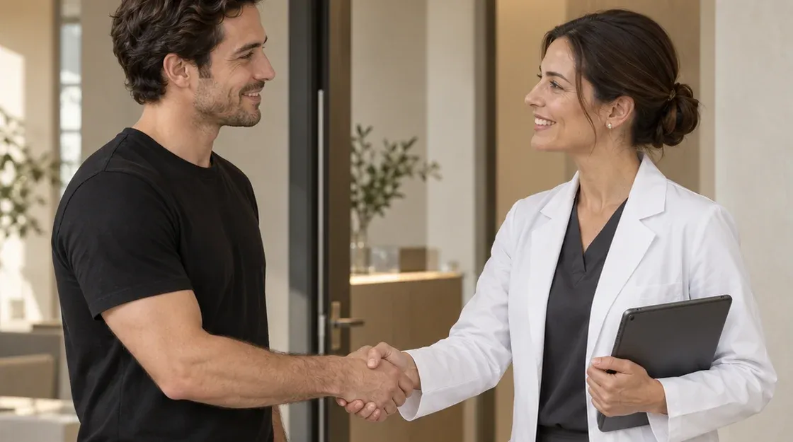 Una doctora saluda a un hombre con un apretón de manos.